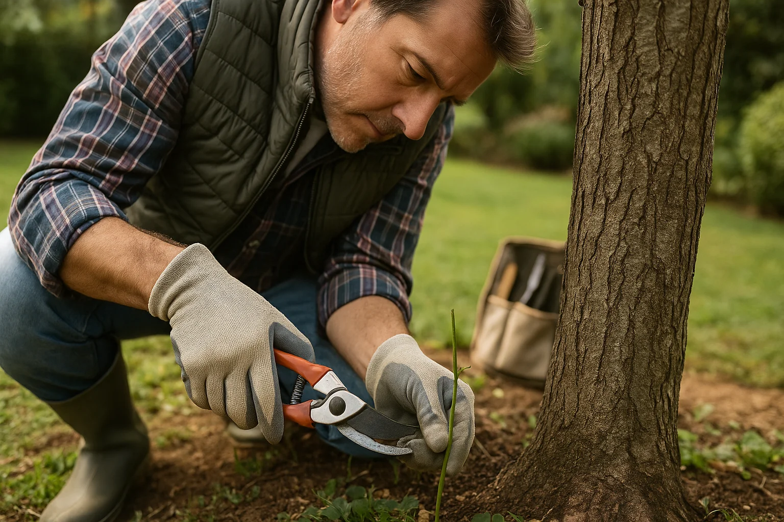 A man in a vest carefully prunes a tree sucker at its base with angled secateurs.
