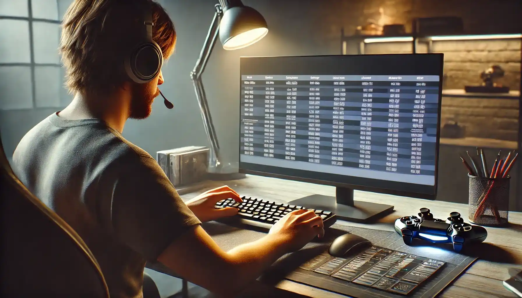 A gamer is sitting at a modern desk, intently studying a price table of accounts and in-game items for popular games on a computer screen. 