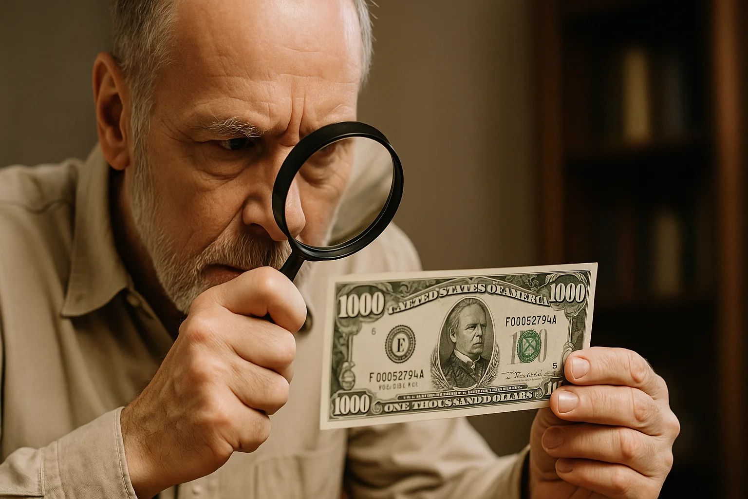 An elderly man carefully inspects a $1000 bill through a magnifying glass, authenticating it.
