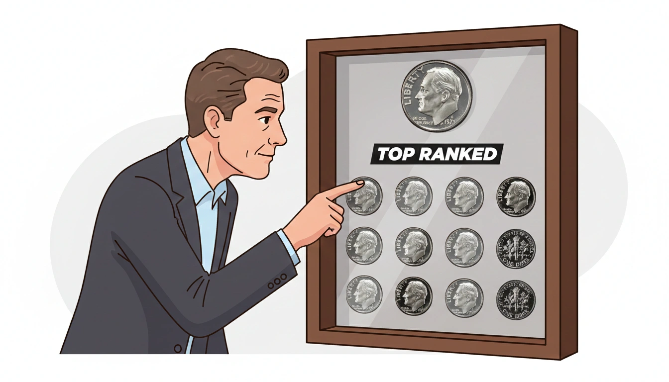 A collector pointing at the top-ranked Roosevelt dime in a framed display