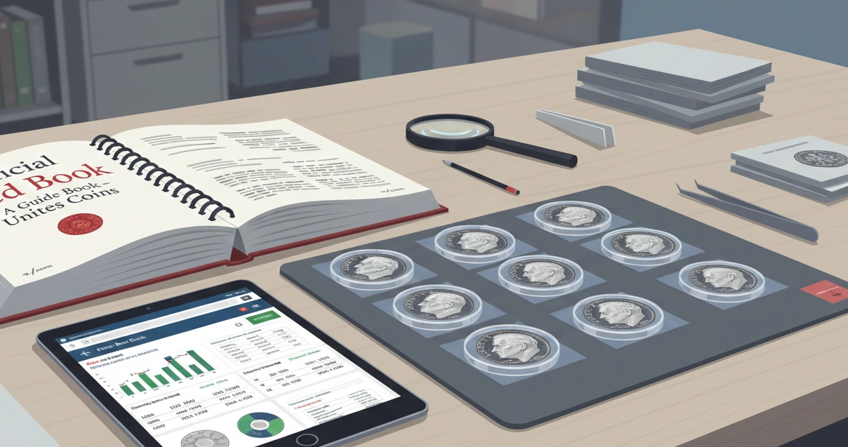 A research desk scene with price guides open beside several high-grade Roosevelt dimes
Investment appeal remains only for specimens occupying the top lines of population reports.