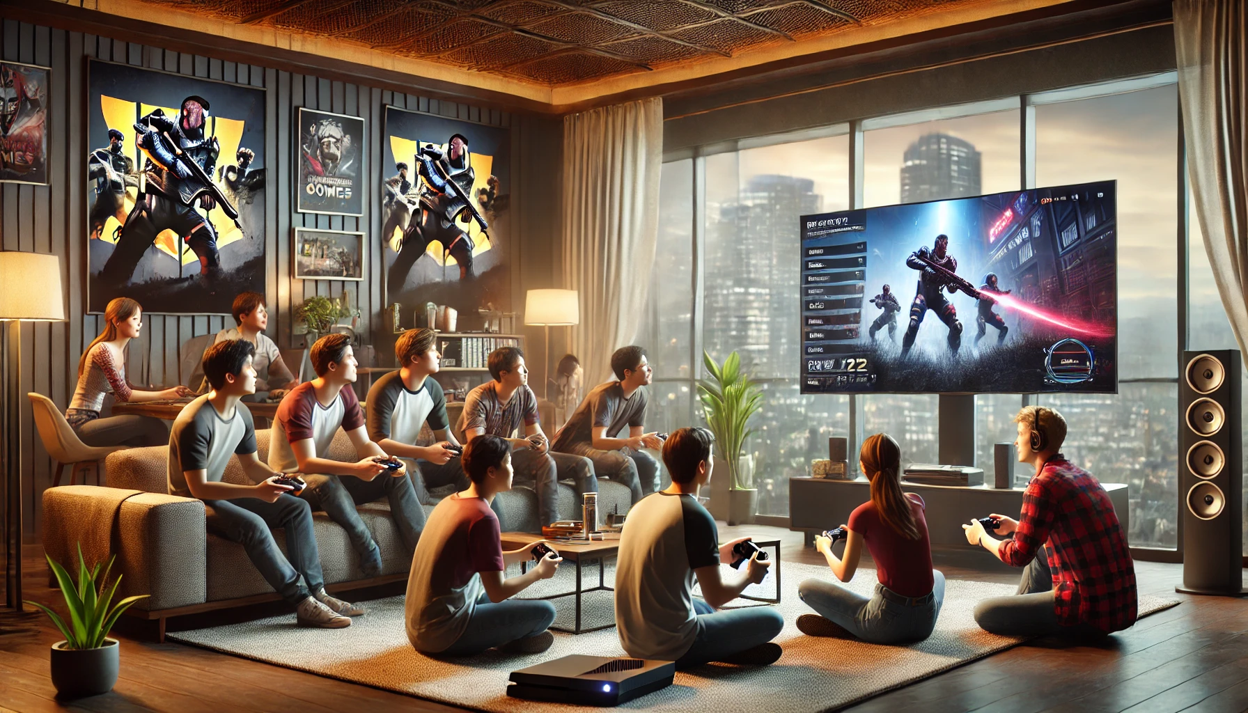a diverse group of people sitting in a modern living room, enthusiastically playing a new PC game together