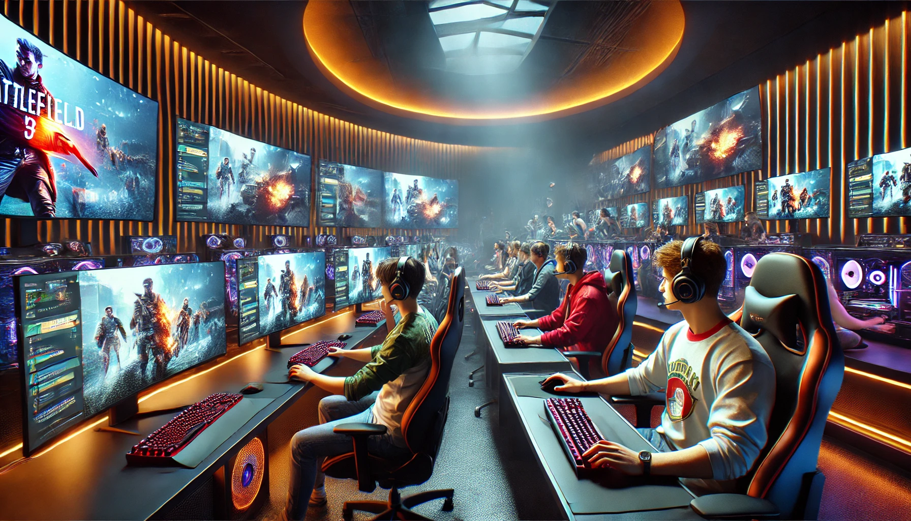 a modern, high-tech gaming room with a diverse group of gamers deeply immersed in PC gaming