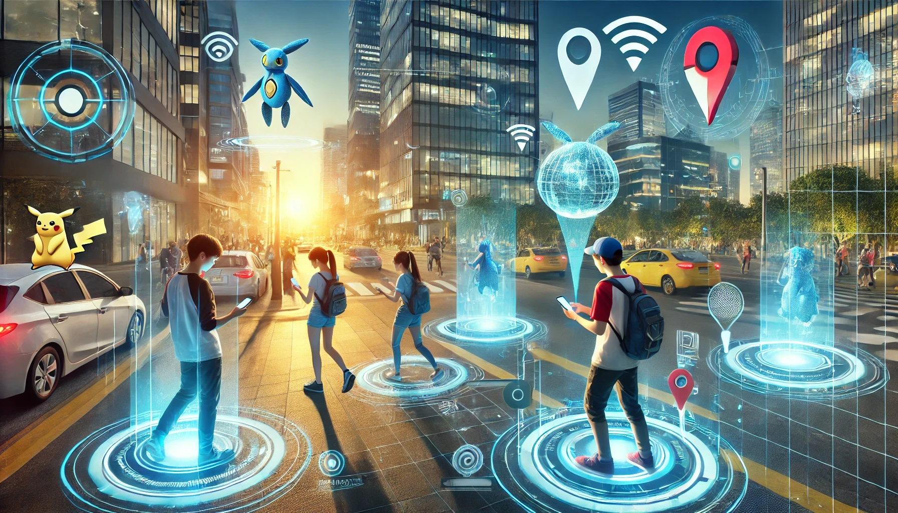 A group of friends are playing an augmented reality game in a park.