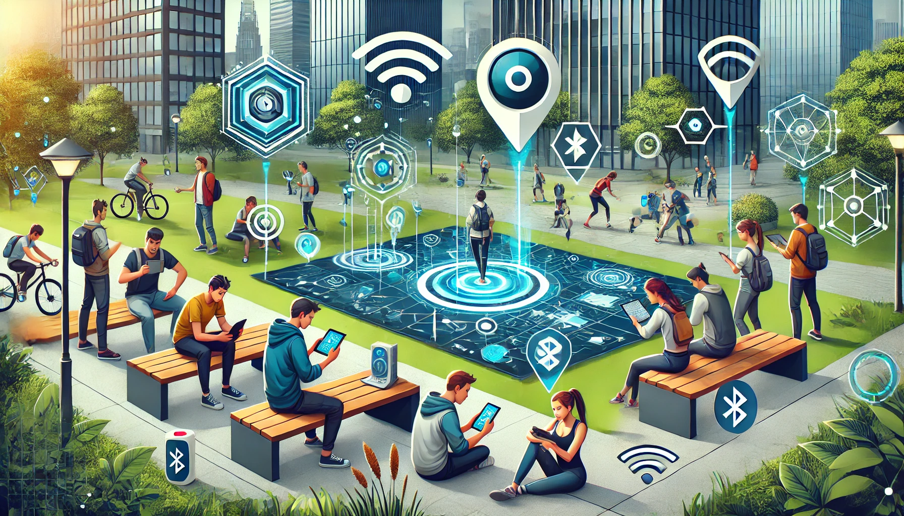 A modern urban park setting with gamers engaged in various activities using location tracking technologies. 